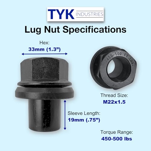 6 Pack - Two-Piece 19mm Sleeve Flange Wheel Lug Nuts, M22x1.5 Hex:33mm Black for Heavy Duty Truck Semi Truck Fit Steel Dual Wheels with Hub Piloted Seat for 26mm Bolt Hole Size by TYK Industries