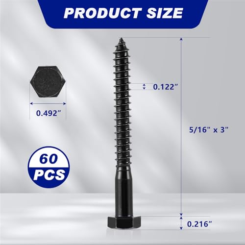 Blulu 60 Pcs 5/16" x 3" Hex Head Lag Screws 304 Stainless Steel Lag Bolts for Wood Plain Finish Hexagon Head Wood Screws (Black) 5/16" x 3" Black