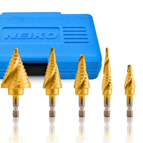 NEIKO Step Drill Bit Set for Metal and Wood (5 Piece) and Tap Magic ProTap Cutting Fluid (4 oz.) 5 PC STEP DRILL BIT SET Step Drill Bit Set + Cutting Fluid