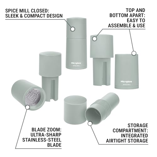 Microplane Spice Mill 2in1 – Sage Green | Manual Spice Mill with Ultra-Sharp Stainless-Steel Blade | Grates Nutmeg, Cinnamon, Tonka Bean, Indian Long Pepper, Nuts & More | Airtight Storage