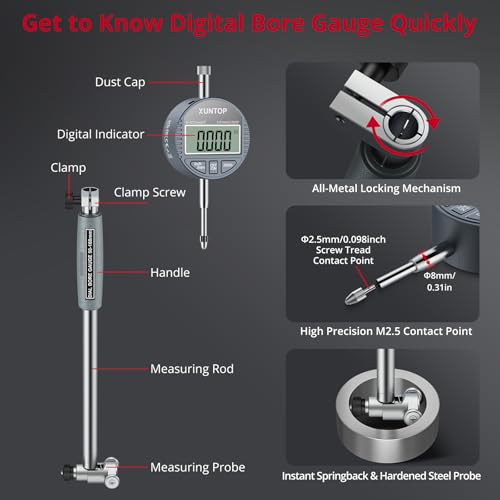 XUNTOP Digital Bore Gauge Set, 2-6"/0.0005" Digital Indicator Self-Centering Dial Bore Gauge with Carbide Anvils Deep Engine Cylinder Measurement Tool for Machining,CNC,Automotive