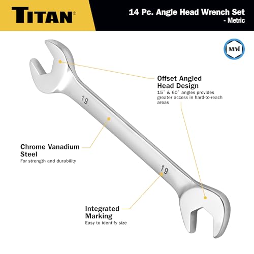 Titan 17284 14-Piece Metric Angle Head Open End Wrench Set, Sizes from 6mm to 19mm, V-Groove Design, Chrome Vanadium Steel Construction