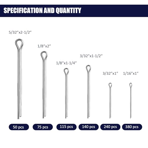 1000 pcs Cotter Pin Assortment Kit, 6 Sizes Split Pins (1/16" to 5/32")