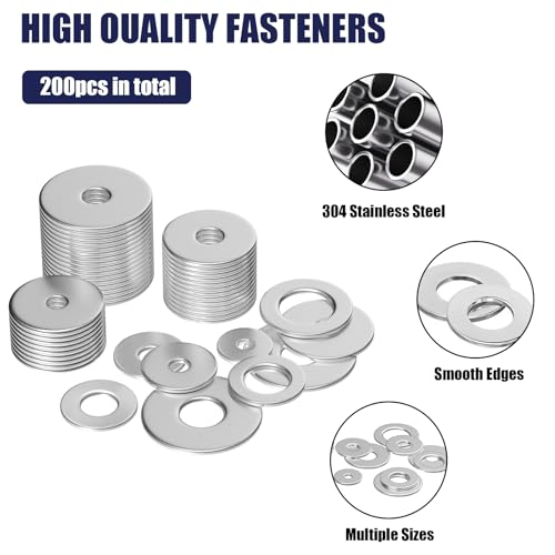 WEGOUP 18-8(304) Stainless Steel Flat Washers for Screws and Bolts 15 Sizes 200 Pieces