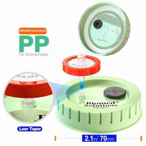 6 x Mushroom Culture Lids Regular Mouth Lid with 0.2 Micron PTFE Syringe Filter and 20mm Self Healing Injection Ports for Mushroom Growing Mycology Green