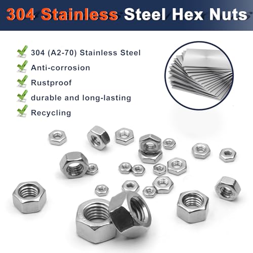 ZQZ 510 Pcs SAE & Metric Hex Nut Assortment Kit;304 Stainless Steel Nut Set SAE and Metric Hex Nuts Assortment;510 PCS