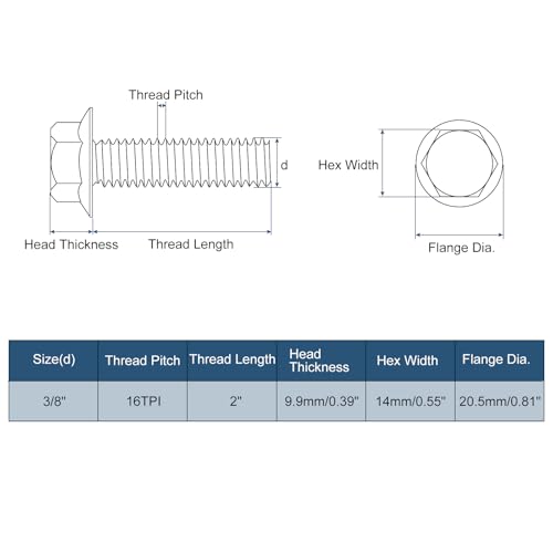 uxcell 25Pcs 3/8-16 x 2 Flanged Hex Head Bolts, 304 Stainless Steel Flange Hexagon Screws, Flange Hex Drive Screws 5.8 Grade for Machinery Industry Home Appliances, Silver 3/8-16 x 2" 25