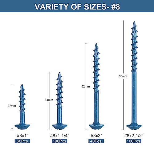 SATANTECH Pocket Hole Screws Assortment Kit, 390Pcs in 4 Sizes #8 x 1, 1-1/4", 2", 2-1/2", Coarse Thread Wood Screws with Square Drive, Blue Coated, Self Tapping, Drive Bit Included
