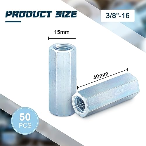 Blulu 50 Pcs Coarse Coupling Nuts 3/8''-16, Zinc Plated Carbon Steel