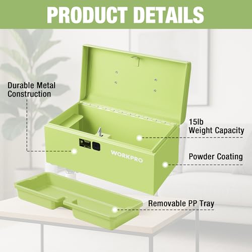 WORKPRO 10.8" Mini Metal Tool Box with Removable Tray Macaron Green