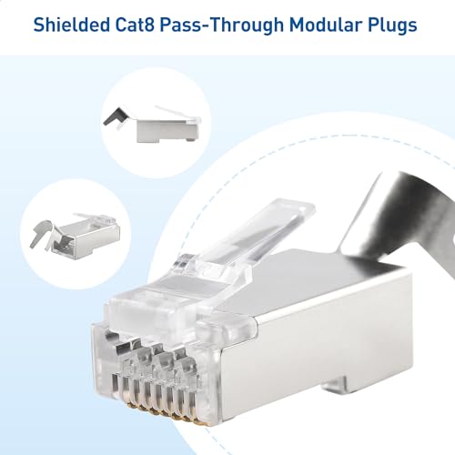 Cable Matters 20-Pack Shielded Cat8 RJ45 Pass Through Connector with Strain Relief Boots for Solid or Stranded Ethernet Cable & 1-Pack All-in-One Modular Ethernet Crimping Tool Cat 8