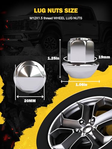 TIROL 20pcs M12X1.5 Lug Nuts, Compatible with 2012-2020 Fusion/2013-2022 Escape/2009-2018 Focus, One-Piece Design Factory Chrome Acorn Wheel Lugnuts - 1.25" Height 3/4" Hex Silvery