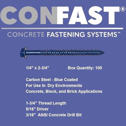 CONFAST 1/4" x 2-3/4" Hex Head Concrete Screw Anchor with Drill Bit for Anchoring to Masonry, Block or Brick (100 per Box) 1/4" x 2-3/4"
