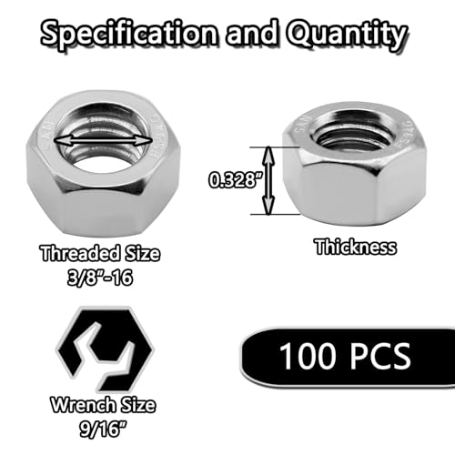 Stainless Steel 3/8" Threaded Rod with 100PCS Hex Nuts