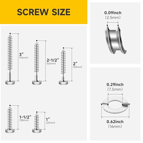 Mywish 190Pcs #8 Pocket Hole Screws, Wood Screws Assortment Kit & 109Pcs 1/4 Hex Head Lag Screws Assortment Kit, Self Tapping Pocket Screws with Square Drive, Lag Bolts with Washers