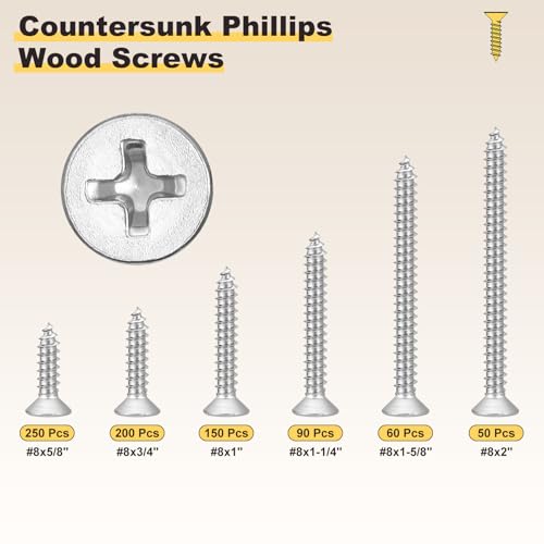 METALLIXITY 800Pcs #8 Countersunk Phillips Wood Screws Kit SS304 #8x5/8" to #8x2" Silver 800