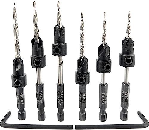 FTG USA Countersink Drill Bit Set 6 Pc #6#8 Tapered Bit Quick Change Tool Kit