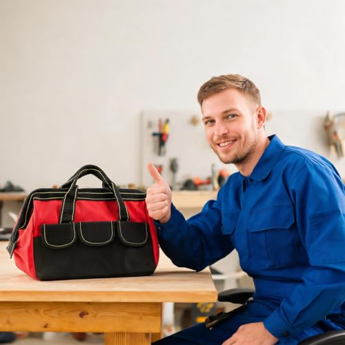 3 Pack 13 Inch Tool Bag, Wide Mouth Tool Tote Bag with Waterproof Base, Heavy Duty Tool Storage Bag Organizer for Various Tools, 5 Pockets, Blue, Yellow, Red