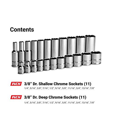 Capri Tools 3/8 in. Drive 12-Point Shallow and Deep Socket Set, SAE, 1/4 to 7/8 in, 22-Piece Shallow and Deep Set / 1/4-7/8 in.