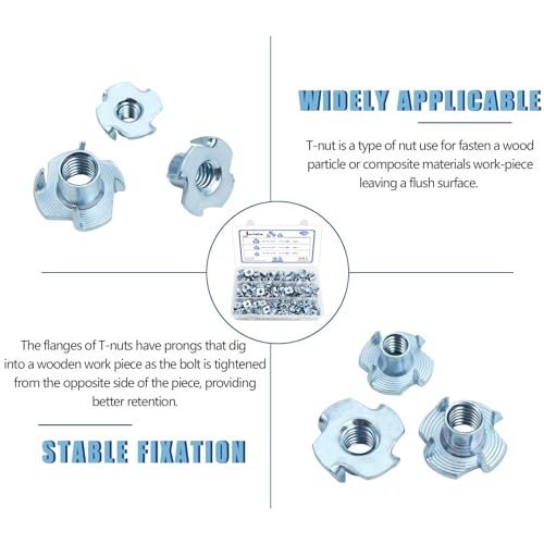 T Nuts 1/4"-20, 5/16"-18, 3/8"-16, Jovlalis 160 pcs Zinc Plated Steel T-Nut 4 Pronged Tee Blind Nuts Assortment Kit for Wood, Rock Climbing Holds, Cabinetry, Furniture Zinc Plated Steel T-Nuts