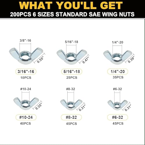 Siptenk Wing Nuts 400PCS Metric & SAE Wingnuts Carbon Steel Zinc Plated 400 SAE & Metric