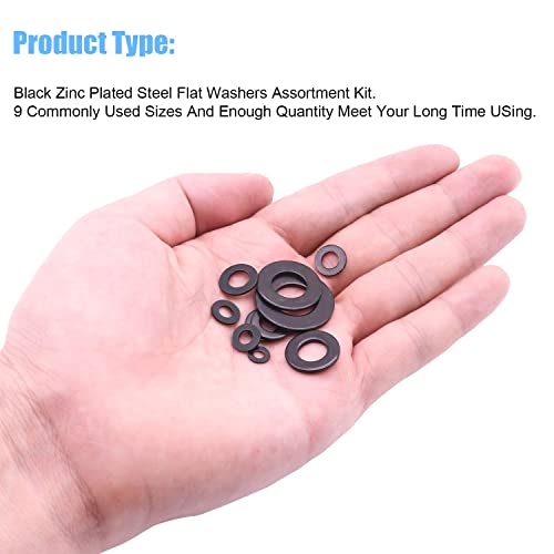 DYWISHKEY 700 Pieces 9 Sizes Black Zinc Plated Steel Flat Washers Assortment Kit (M2 M2.5 M3 M4 M5 M6 M8 M10 M12)
