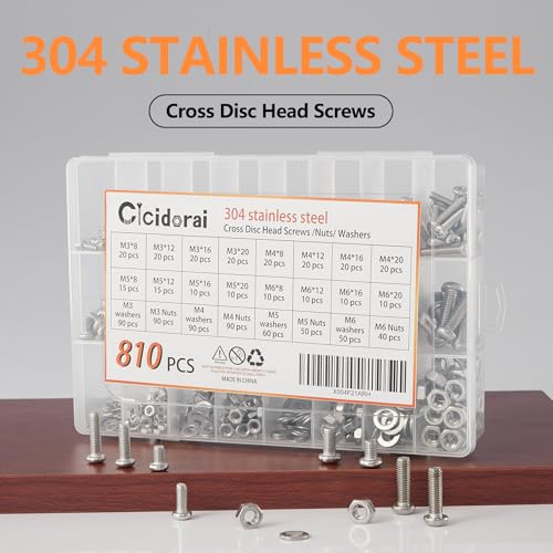 810 Pieces M3 M4 M5 M6 304 Stainless Steel Phillips Pan Head Machine Screws Bolts with Nuts, Washers and 1 Pcs Hex Key Wrenches i Pcs Tweezers Assortment Kit