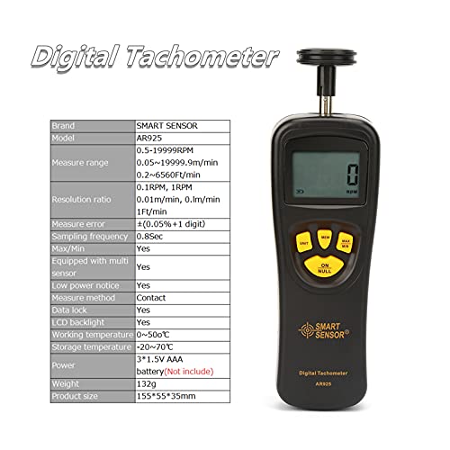 Digital Tachometer, LCD Handheld Contact RPM Meter 0.5-19999 RPM, High Precision Test Counter with Max/Min/LAST Data Backlight Holding Functions