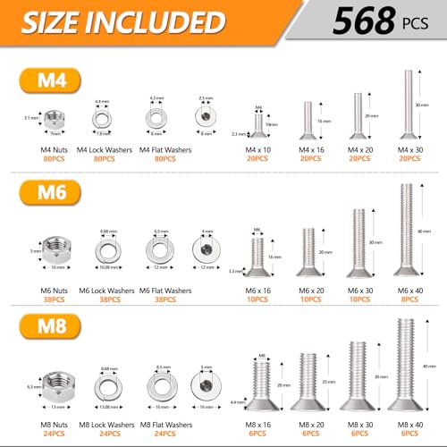 568 Pcs M4 M6 M8 Flat Head Socket Cap Screws Countersunk Bolts M4/M6/M8 - 10/16/20/25//30/40mm