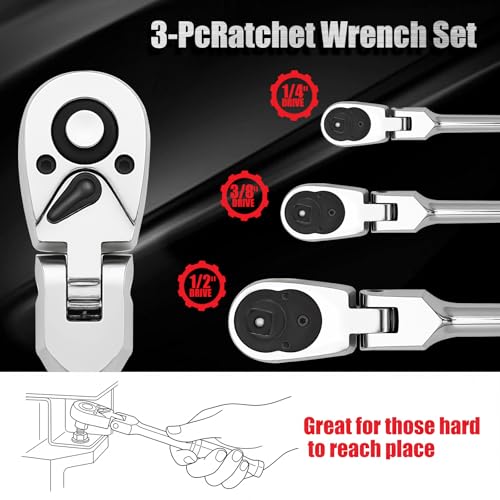 3-Piece Flex Head Ratchet Set，1/4 3/8 1/2 Inch Drive Swivel Head Ratchet Wrench，72-Tooth with Quick-Release Reversible Design, Chromium-Vanadium Steel Made, Fully Polished Silver 3pcs Flex Head Ratchet