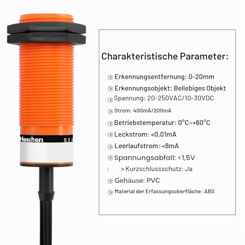 Heschen Capacitive Proximity Sensor M30.1-20 mm Detection Distance, 10-30V DC, 200mA, 3-Wire (PNP NO, SZC-M30-20DP) PNP NO