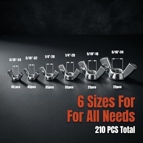 210PCS Wing Nuts Assortment Kit, 6 SAE Sizes