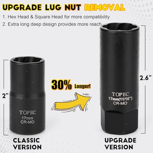 TOPEC 10PCS Deep Lug Nut Remover Heavy Duty, 1/2" Drive Impact Wheel Lock Removal Kit, Spiral Type Lug Nut Removal Tool for Removing Stripped, Broken, Damaged, Rounded Bolts, Nuts & Screws 10 PCS