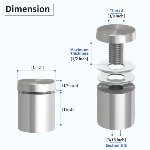 LuckIn 50 Pcs Stainless Steel Standoff Screws 1 in. Dia x 1 in. L, Silver 1x1inch