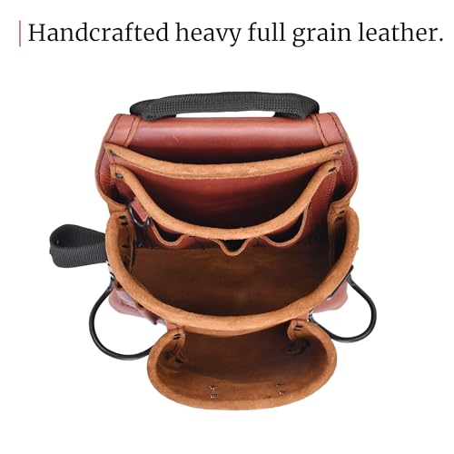 FESA Leather Carpenter Tool Pouch - 10-Pocket Heavy Top Grain Leather Carpenter Pouch with 2 Hammer Loops, Tape Clip, Large & Small Pockets - Fits Work Belts up to 3" - Handcrafted Cherry