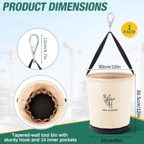 Heavy Duty Tool Canvas Bucket 12 x 12 x 9'' Tapered Wall Bucket Bag with 14 Inner Pockets, Thickened 14 Ounce Canvas, Plastic Bottom High Weight Load Capacity up to 100 Lbs (Printed) Printed