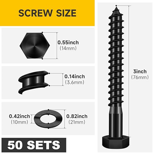 Mywish (50Sets) 3/8" x 3" Lag Bolts & 65Pcs Wood Screws #10 x 3 1lb Box, Deck Screws 3 Inch, T25 Torx Drive Head, Outdoor Construction Screws, 3/8 inch Lag Screws Bolts for Wood