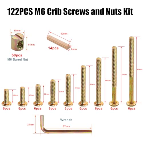 weideer 122PCS Crib Screws and Nuts Kit, Furniture Bolts M6x16/20/25/30/40/50/60/70/80mm,Barrel Nuts Wooden Dowel Pins Hex Drive Socket Cap Screws Kit for Beds Chairs Furniture K-195 122PCS-M6x16/20/25/30/40/50/60/70/80mm Gold