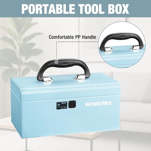 WORKPRO 10.8" Mini Metal Tool Box with Removable Tray Macaron Blue