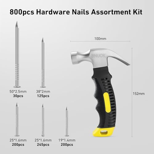 Hardware Nails Assortment Kit and 8oz Small Hammer, 800 PCS Nails for Hanging Pictures,Hammer and Nail Set, Small Hammers for Picture Hanging