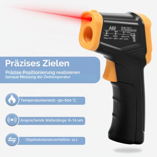 Infrared Thermometer, -50°C to 600°C Lightweight Temperature Meter, Non-Contact Digital Laser Thermometer, Illuminated Screen, Non-Human - for Kitchen/Grill/Cooling/Industry Yellow