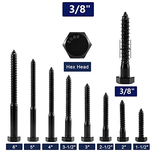 3/8" x 5" Hex Head Lag Screws Bolts 20Pcs 304 Stainless Steel 18-8, Partial Thread, Hexagon Head Wood Screws by Black Oxide by SG TZH 20 3/8" x 5"