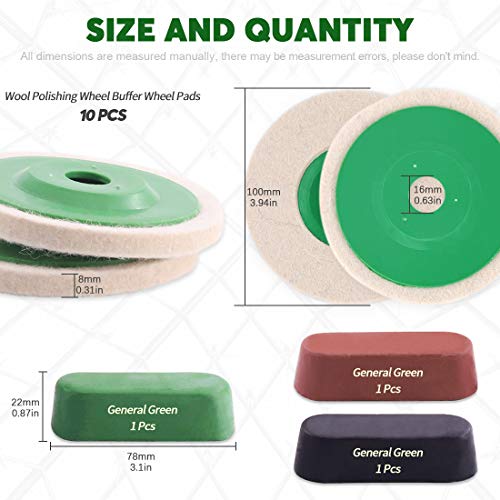 Keadic 23Pcs 100mm×8mm Wool Felt Polishing Wheel Disc Kit for 4" Angle Grinder, Comes with 3Pcs Buffing, Polishing & Cutting Compounds - Black, Brown & Green