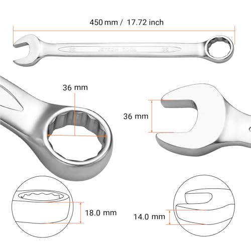 Jetech 36mm Combination Wrench, Metric 12-Point Chrome Vanadium Steel Spanner, Industrial Grade with 15-Degree Offset, Sand Blasted Finish, Heat-Treated Forged Tool