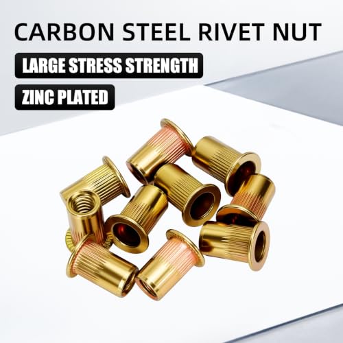 500Pcs 1/4-20 Rivet Nuts, Carbon Steel Zinc Plated Flat Head Threaded Inserts, UNC Knurled Body Nutserts for Metal Repair