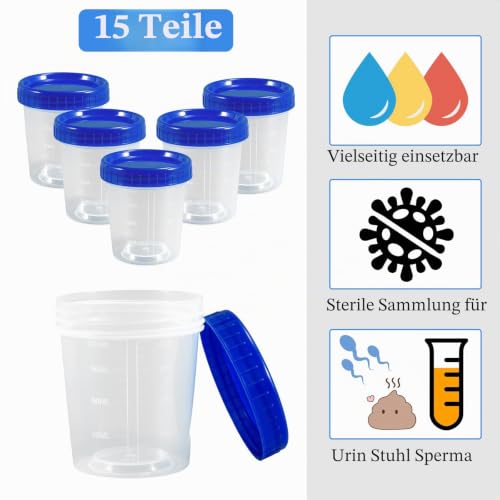 15 x 120ml Clear Blue Pee Cups with Screw Lid and Scale | Leak proof sample containers, clear plastic, blue lids, for urine samples, laboratory and paint mixes 15