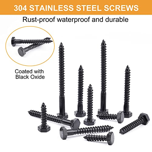 1/4" Hex Lag Bolts Stainless Steel 18-8 (304), VIGRUE 108PCS Black Oxidized, Hex Lag Screws Heavy Duty Wood Screws Washers Assortment Kit, Length Include 1" 1-1/2" 2" 2-1/2" 3" 1/4 x 1" to 3"