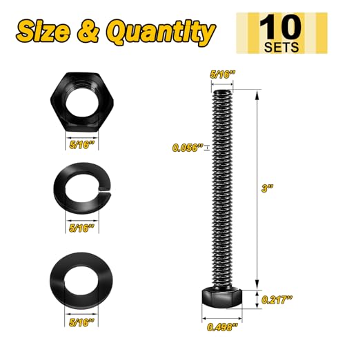 Mywish (10 Sets) 5/16-18 x 3" Hex Head Bolts and Nuts & 254Pcs Nuts and Bolts, 1/4 20 5/16 18 3/8 16 Bolt, Heavy Duty 304 Stainless Steel Bolts and Nuts Kit with Flat Spring Washers, Fully Threaded