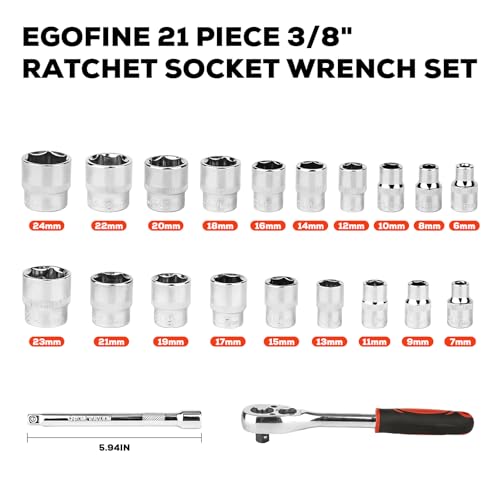 Egofine 21pcs 3/8 Inch Ratchet Socket Wrench Set, Drive Socket Set with 19 Sockets, 6-24mm sockets and 2 Way Quick Released Ratchet Handle and Extension Bar 21pc Standard Socket Set
