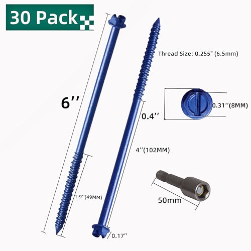 30-Pack 1/4" * 6" Hex Head Concrete Screw Anchor, Concrete Screws 30